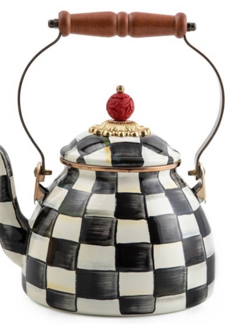 MacKenzie-Childs Black & White Check Teapot with Red Finial and Gold Accents - Picture 2 of 2